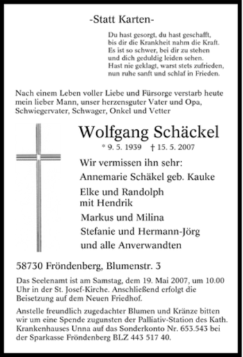 Traueranzeige von Wolfgang Schäckel von Tageszeitung