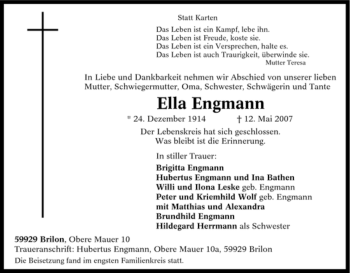 Traueranzeige von Ella Engmann von Tageszeitung