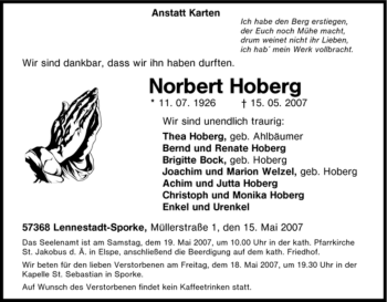 Traueranzeige von Norbert Hoberg von Tageszeitung