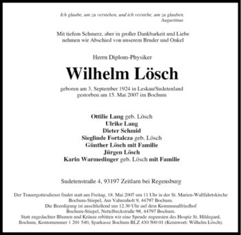 Traueranzeige von Wilhelm Lösch von Tageszeitung