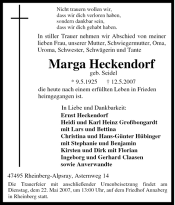 Traueranzeige von Marga Heckendorf von Tageszeitung