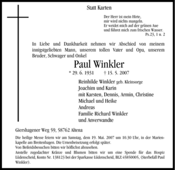 Traueranzeige von Paul Winkler von Tageszeitung