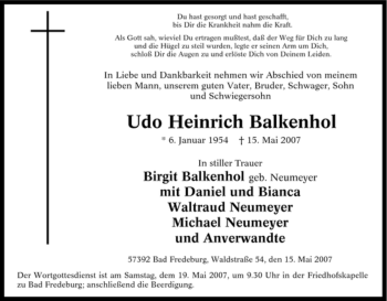 Traueranzeige von Udo Heinrich Balkenhol von Tageszeitung