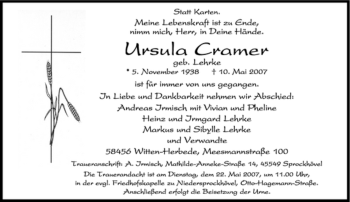 Traueranzeige von Ursula Cramer von Tageszeitung