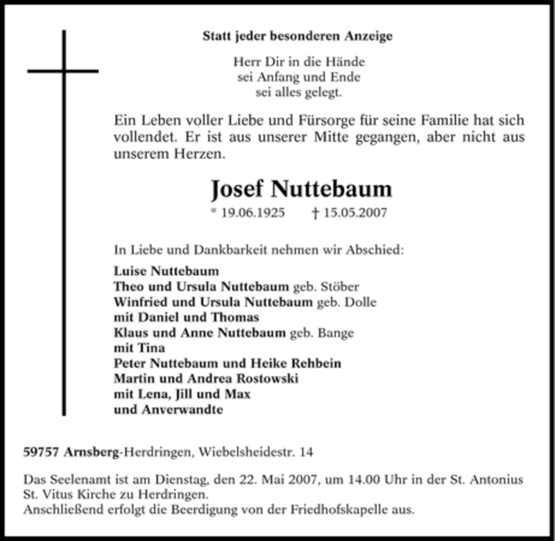  Traueranzeige für Josef Nuttebaum vom 17.05.2007 aus Tageszeitung