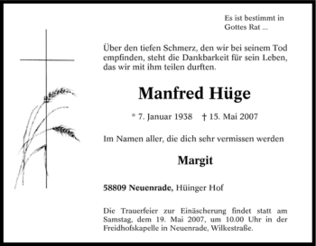 Traueranzeige von Manfred Hüge von Tageszeitung