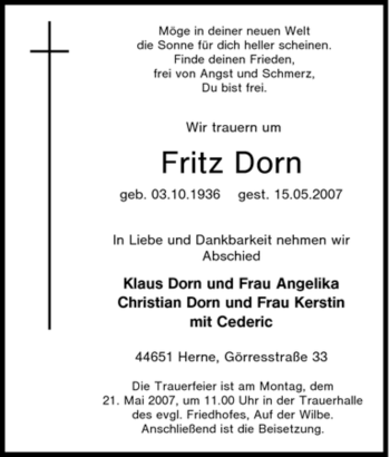 Traueranzeige von Fritz Dorn von Tageszeitung