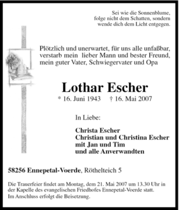 Traueranzeige von Lothar Escher von Tageszeitung