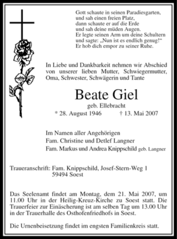 Traueranzeige von Beate Giel von Tageszeitung