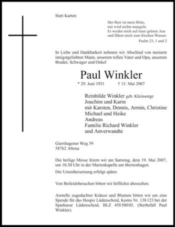 Traueranzeige von Paul Winkler von Tageszeitung