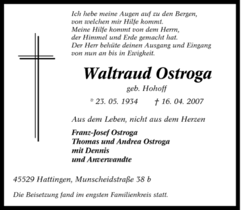 Traueranzeige von Waltraud Ostroga von Tageszeitung