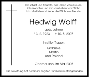 Traueranzeige von Hedwig Wolff von Tageszeitung