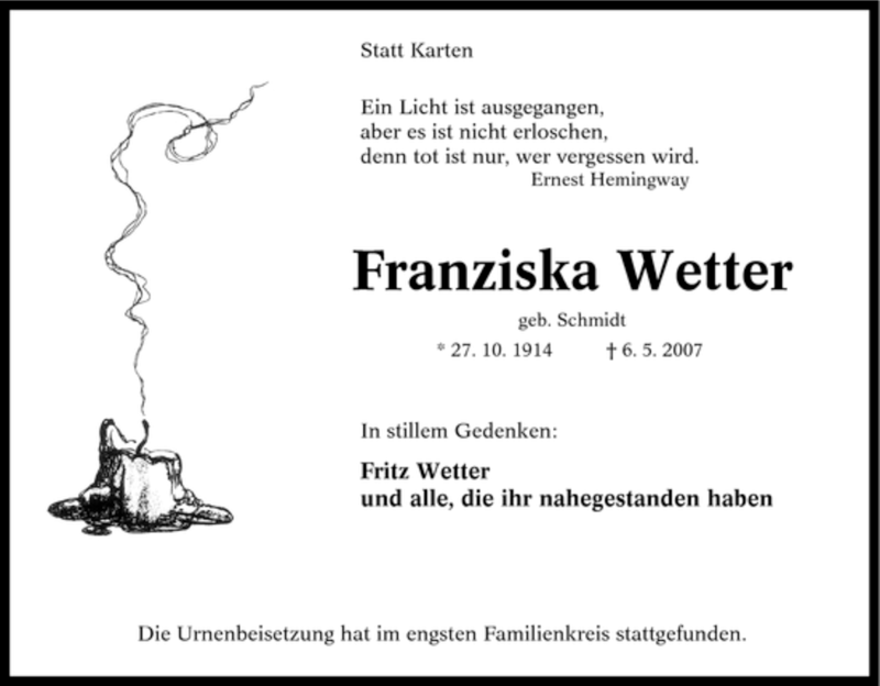  Traueranzeige für Franziska Wetter vom 19.05.2007 aus Tageszeitung