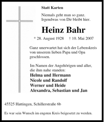 Traueranzeige von Heinz Bahr von Tageszeitung