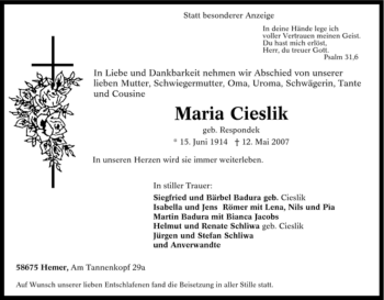 Traueranzeige von Maria Cieslik von Tageszeitung
