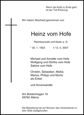 Traueranzeige von Heinz vom Hofe von Tageszeitung