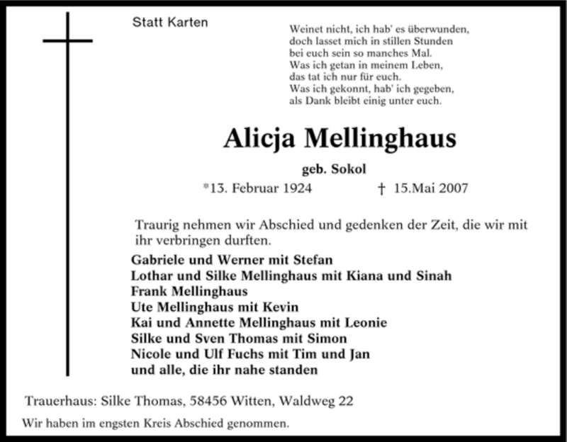  Traueranzeige für Alicja Mellinghaus vom 19.05.2007 aus Tageszeitung