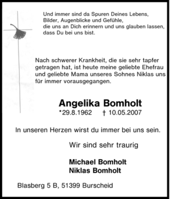 Traueranzeige von Angelika Bomholt von Tageszeitung