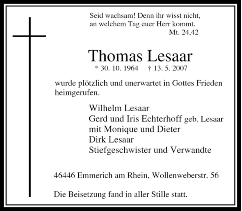  Traueranzeige für Thomas Lesaar vom 19.05.2007 aus Tageszeitung