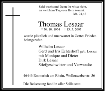 Traueranzeige von Thomas Lesaar von Tageszeitung