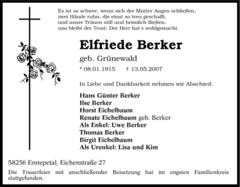 Traueranzeige von Elfriede Berker von Tageszeitung