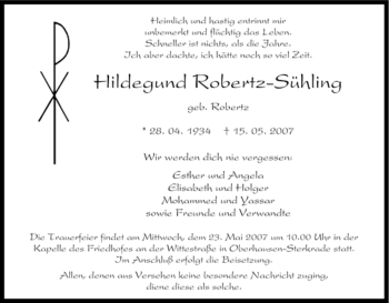 Traueranzeige von Hildegund Robertz-Sühling von Tageszeitung