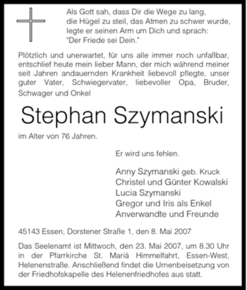 Traueranzeige von Stephan Szymanski von Tageszeitung