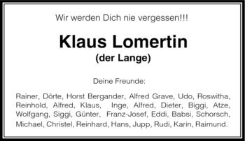 Traueranzeige von Klaus Lomertin(der Lange) von Tageszeitung