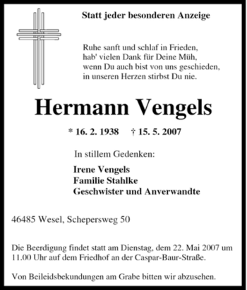 Traueranzeige von Hermann Vengels von Tageszeitung