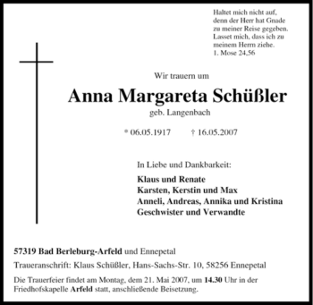 Traueranzeige von Anna Margareta Schüßler von Tageszeitung