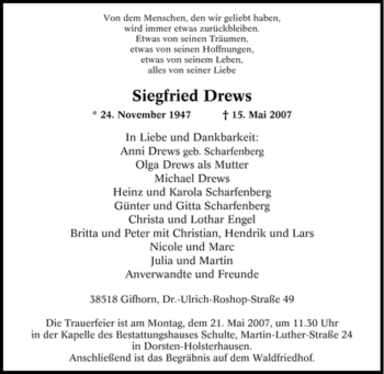 Traueranzeige von Siegfried Drews von Tageszeitung