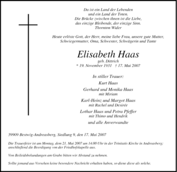 Traueranzeige von Elisabeth Haas von Tageszeitung