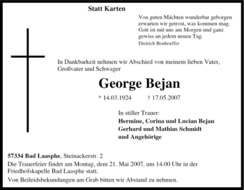 Traueranzeige von George Bejan von Tageszeitung