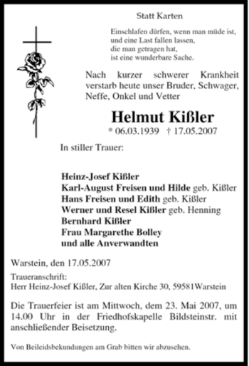 Traueranzeige von Helmut Kißler von Tageszeitung