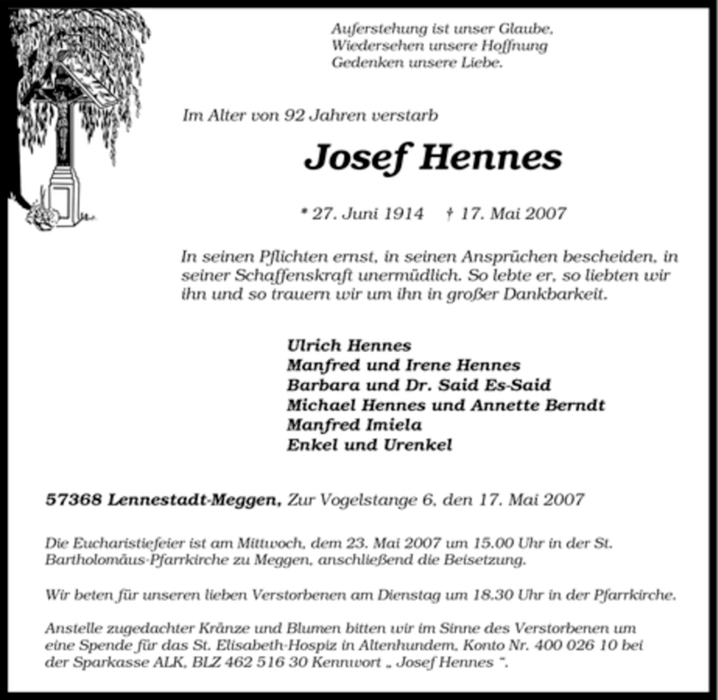  Traueranzeige für Josef Hennes vom 19.05.2007 aus Tageszeitung