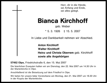 Traueranzeige von Bianca Kirchhoff von Tageszeitung