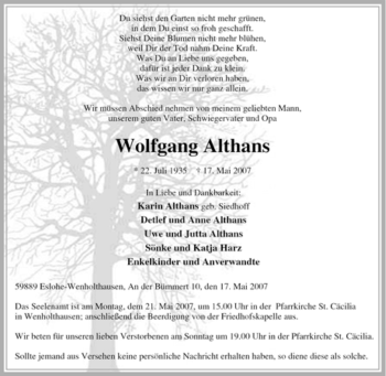Traueranzeige von Wolfgang Althans von Tageszeitung