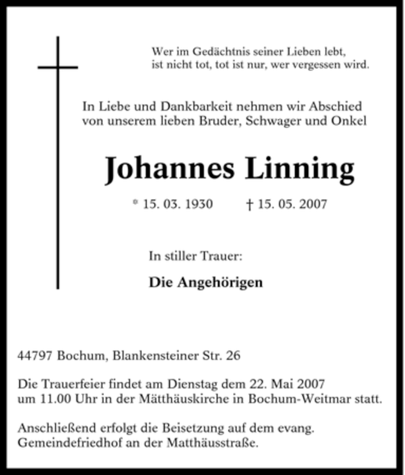  Traueranzeige für Johannes Linning vom 19.05.2007 aus Tageszeitung