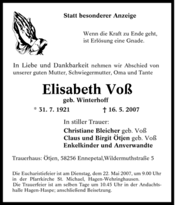 Traueranzeige von Elisabeth Voß von Tageszeitung