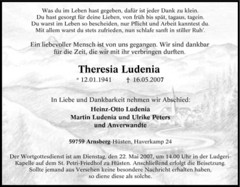 Traueranzeige von Theresia Ludenia von Tageszeitung