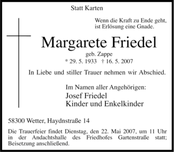 Traueranzeige von Margarete Friedel von Tageszeitung