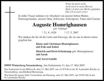 Traueranzeige von Auguste Homrighausen von Tageszeitung