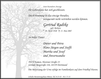 Traueranzeige von Gertrud Radtke von Tageszeitung