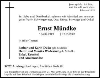 Traueranzeige von Ernst Mündke von Tageszeitung