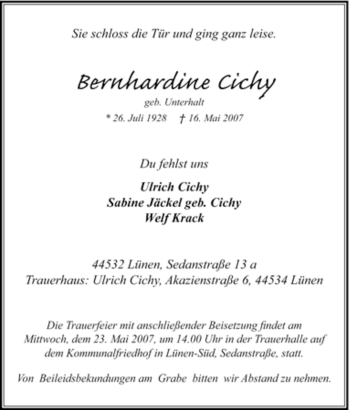 Traueranzeige von Bernhardine Cichy von Tageszeitung