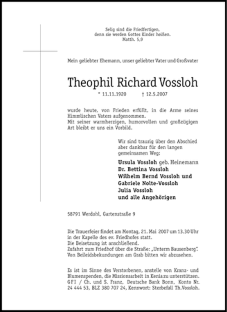  Traueranzeige für Theophil Richard Vossloh vom 19.05.2007 aus Tageszeitung