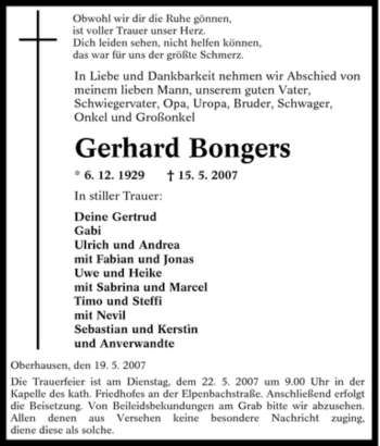 Traueranzeige von Gerhard Bongers von Tageszeitung