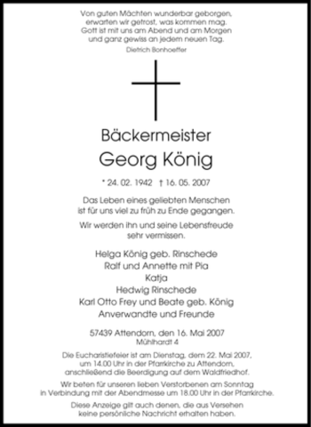 Traueranzeige von Georg König von Tageszeitung