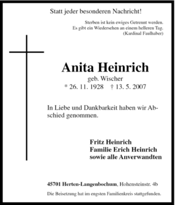 Traueranzeige von Anita Heinrich von Tageszeitung