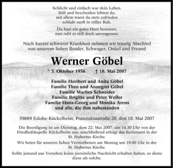 Traueranzeige von Werner Göbel von Tageszeitung